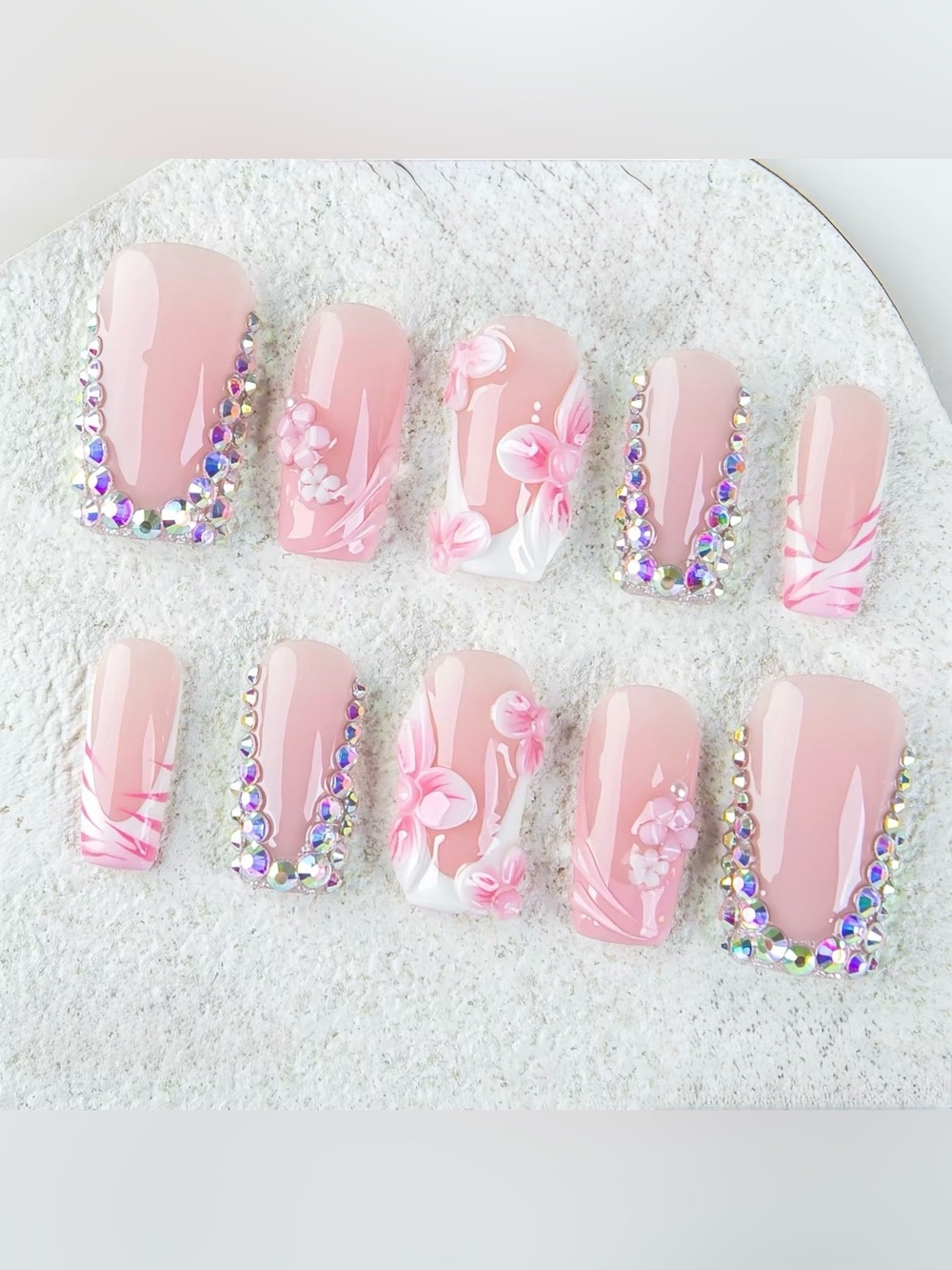 Pink Floral Press-On Nail Set with Rhinestones by Lovful